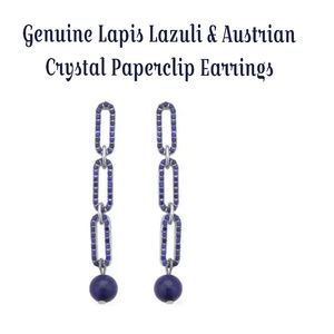 Lapis Lazuli and Austrian Crystal Paper Clip Earrings in Silvertone 6.00 ct